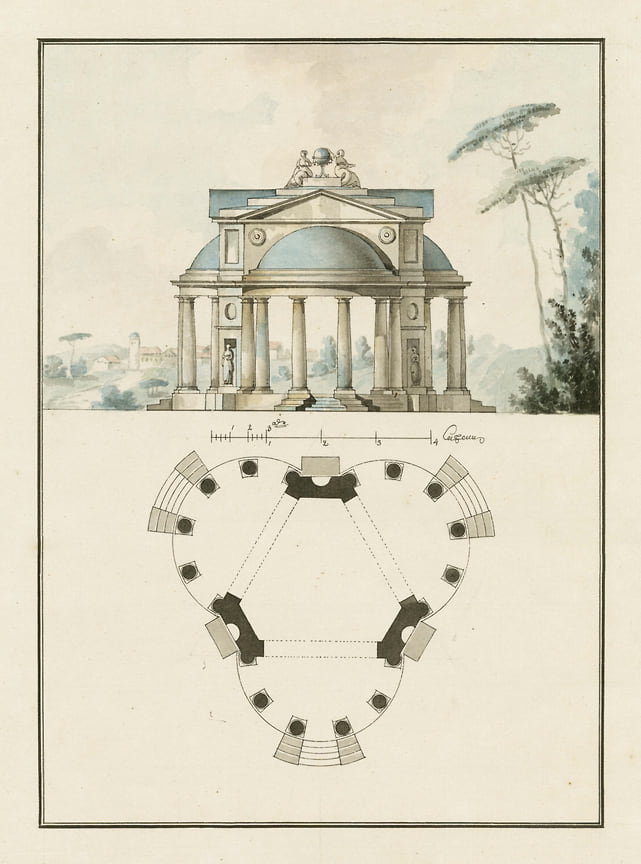 Н.А. Львов, усадьба Знаменское-Раек Ф.И. Глебова. Тверская область, пактовый павильон, 1787 - 1799 годы. Фасад, план