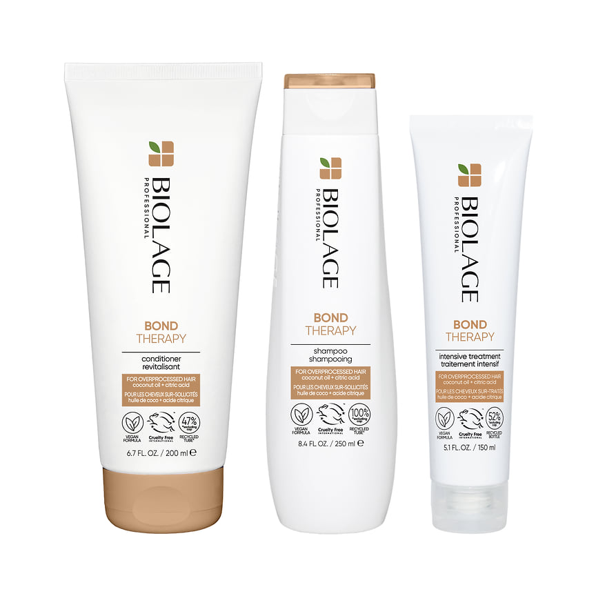 Biolage Professional, гамма для восстановления и укрепления структуры волос Bond Therapy: пре-уход, шампунь и кондиционер. В составе средств - кокосовое масло и лимонная кислота