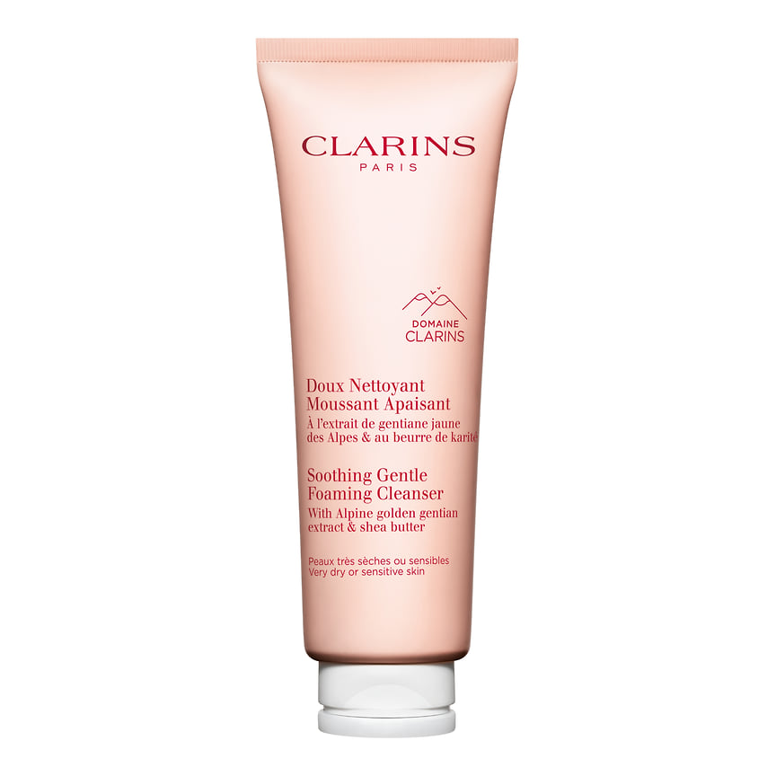 Clarins, очищающий пенящийся крем для сухой и чувствительной кожи, Doux Nettoyant Moussant Apaisant: очищает, снимает макияж, увлажняет и успокаивает кожу. В составе: органическое масло карите, экстракты ромашки, горечавки и мелиссы, и моринги