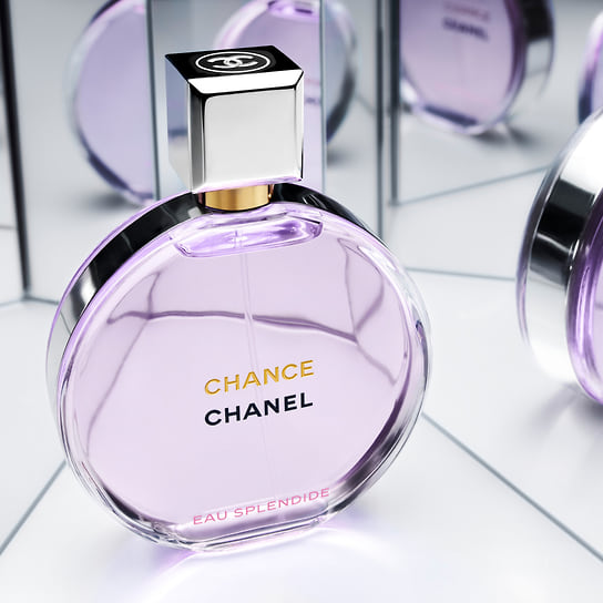 Chanel, женский аромат Chance Eau Splendide. ноты: фиалка, красные фрукты, персик, малина, роза, ирис, розовая герань, белый мускус, кедр