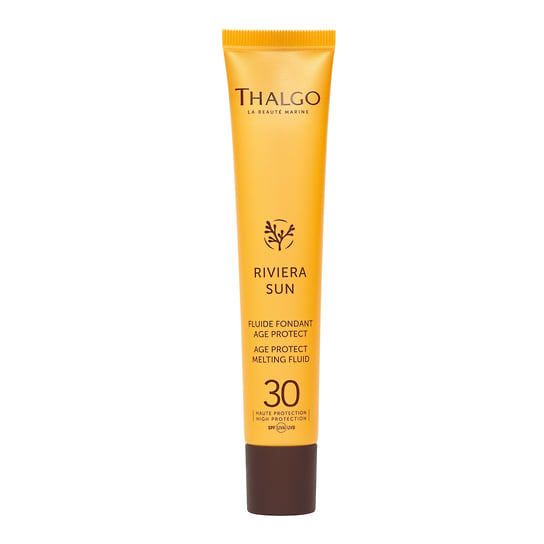 Thalgo, солнцезащитный антивозрастной флюид с Spf30 линии Riviera Sun. В составе: экстракты морских водорослей, гиалуроновая кислота, алоэ вера