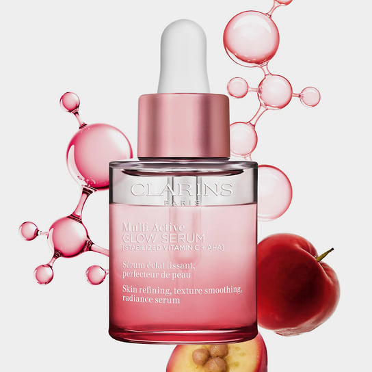 Clarins, антивозрастная cыворотка для сияния кожи лица Clarins Multi-Active Glow Serum: разглаживает кожу, сокращает пигментные пятна, выравнивает цвет лица. В составе: стабилизированный витамин C и гликолевая кислота