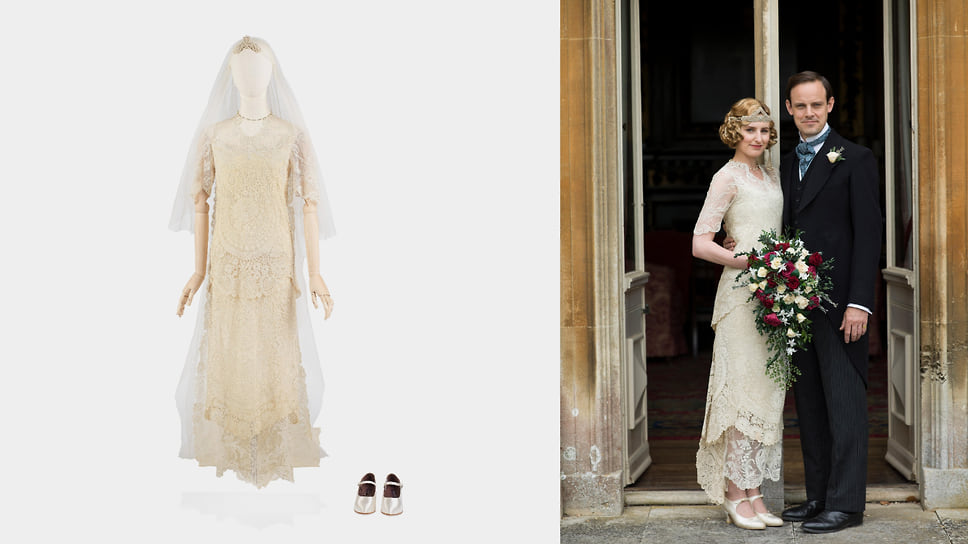 Лаура Кармайкл (в роли леди Эдит): Свадебное платье и аксессуары, надетые на свадьбу леди Эдит Кроули и Берти Пелхэма, маркиза Хексема