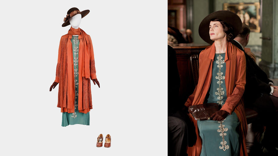 Элизабет Макговерн (в роли Коры, графини Грэнтэм): Бирюзовое платье с терракотовым пальто в складку