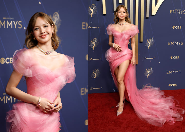 Лиза Blackpink (сериал «Белый лотос») в платье Lever Couture и украшениях Bvlgari