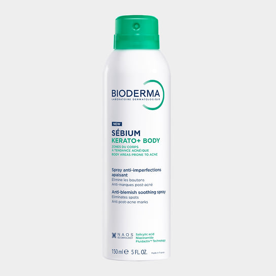 Bioderma, спрей для тела против несовершенств Sebium Kerato+. Подходит для ухода за кожей спины, груди, плеч и шеи при проблеме акне