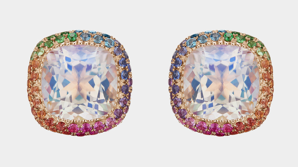 Серьги Bonbons Rainbow, золото, лунный камень, цветные сапфиры, Mercury