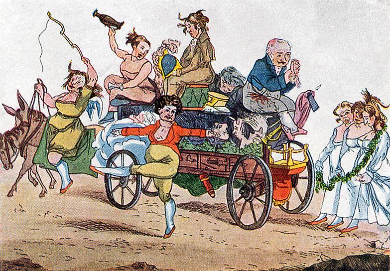 Карикатуры, изображающие высылку из города французских актрис, отражали реальность, в которой 147 московских французов были посажены в барку и высланы из города 
