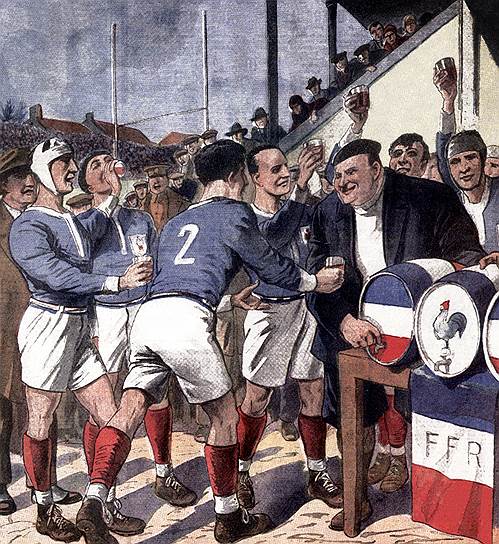 Газета Le Petit Journal от 9 февраля 1930 года раскрывает секретное оружие французской команды регби перед игрой с Ирландией — стакан красного вина 
