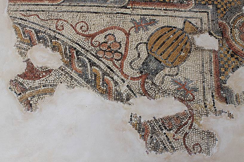 Часть мозаичного панно VI-VII века н. э. с амфорой и виноградными лозами (после консервации). Музейно-парковый комплекс РФ в Иерихоне 
