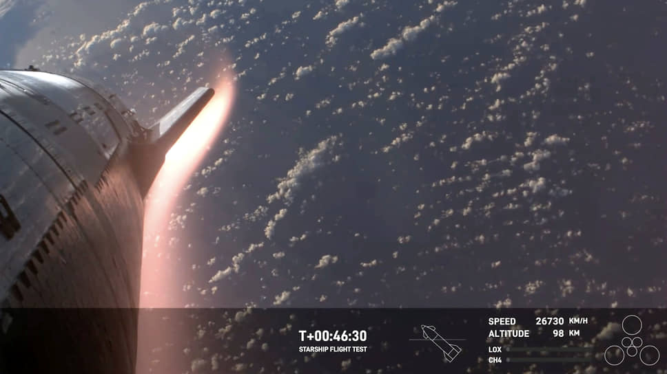 «Старшип» входит в атмосферу, виден слой раскаленного сжатого газа, содержащего плазму. Изображение с бортовой камеры: SpaceX