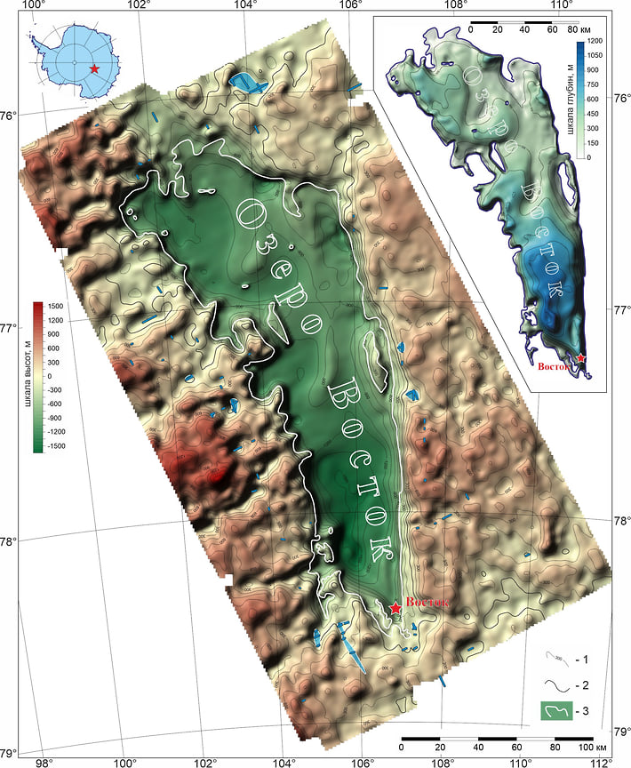 Коренной рельеф района подледникового озера Восток. На врезке показаны глубины озера Восток; сечение изолиний 150 м; 1 – изогипсы коренного рельефа; сечение изолиний 150 м; 2 – уровень моря; 3 – береговая линия озера Восток; голубым цветом показаны подледниковые водоемы