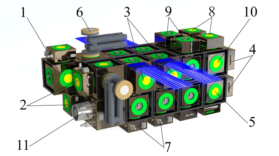 Компоновка КАО в рабочей конфигурации 1 — сервисный КА в транспортируемой конфигурации; модули бортового оборудования базового КА: 2 —- приборные; 3 — энергетические; 4 — двигательные; 5 — модули управления движением; 6 — монтажный манипулятор; запасные модули: 7 — приборные; 8 — энергетические; 9 — двигательные; 10 — модули управления движением; 11 — модуль полезной нагрузки