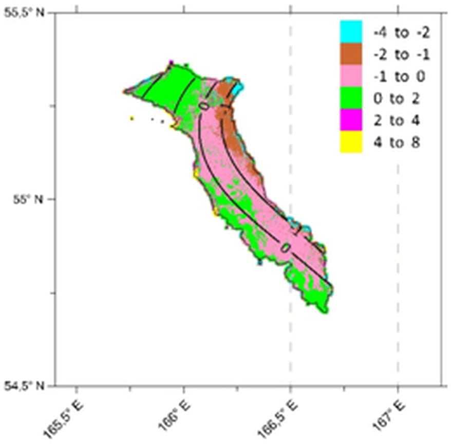 Смещения земной поверхности в см в результате землетрясения на островах Беринга и Медный