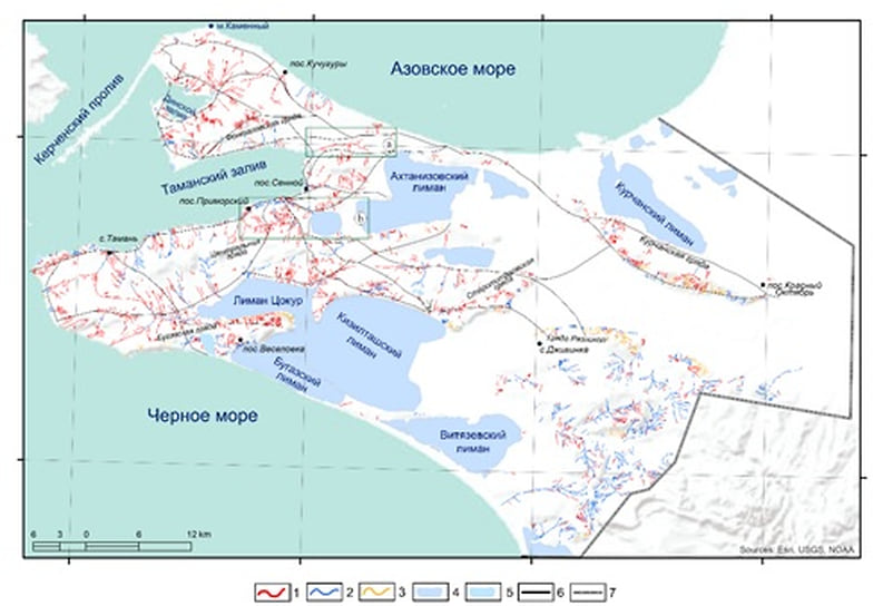 Схема древних водных объектов на территории Таманского полуострова. 1-3 – следы древних рек разного происхождения; 4 – лиманы; 5 – соленые озера; 6 – древние дороги (по материалам Гарбузова); 7 – восточная граница района исследования