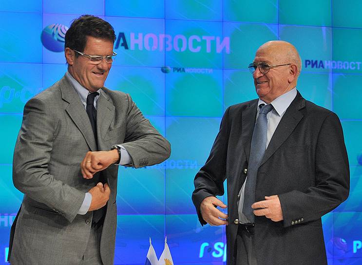 Первый вице-президент Российского футбольного союза (РФС) Никита Симонян (справа) и главный тренер национальной сборной Фабио Капелло (слева)