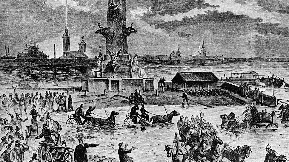 Наводнения, грозившие самому существованию города, со временем превратились в местный аттракцион. Гравюра неизвестного автора &quot;Наводнение 1824 года в Санкт-Петербурге&quot;