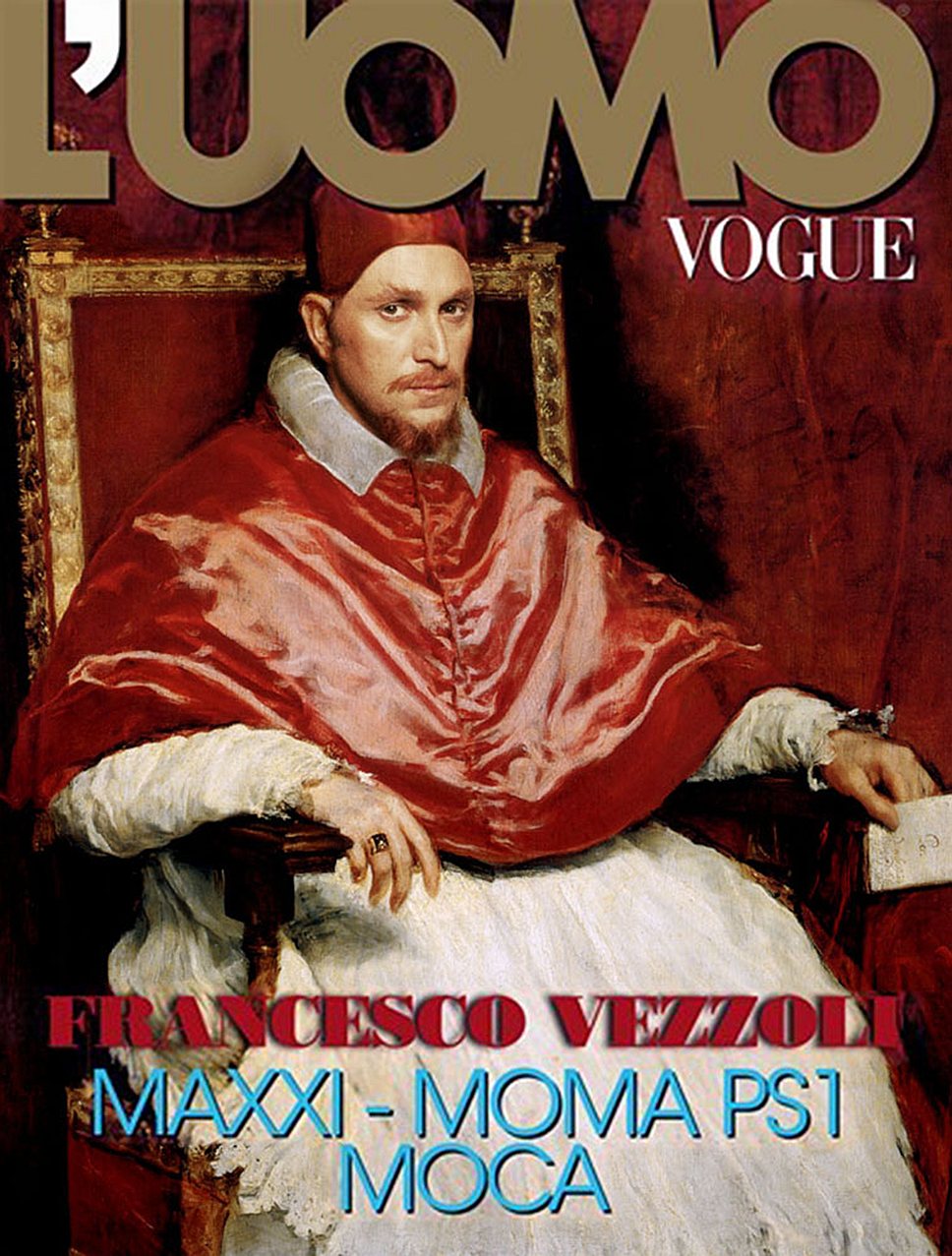 Здесь Веццоли изобразил себя в образе папы Иннокентия Х, запечатленного Веласкесом 
