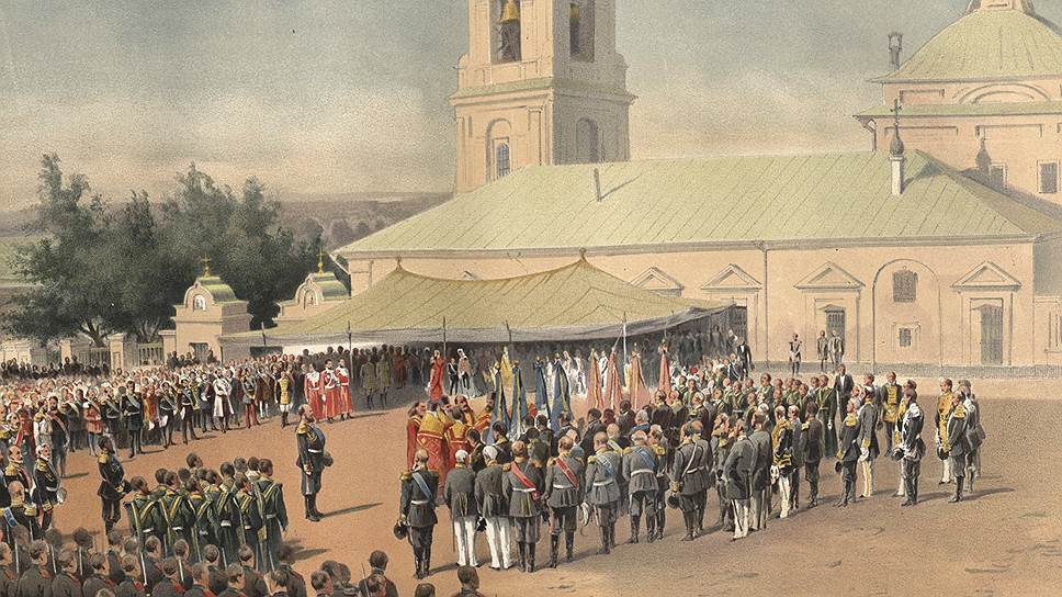 Освящение гвардейских знамен у церкви в Преображенском в 1883 году было частью торжеств по случаю коронации императора Александра Третьего