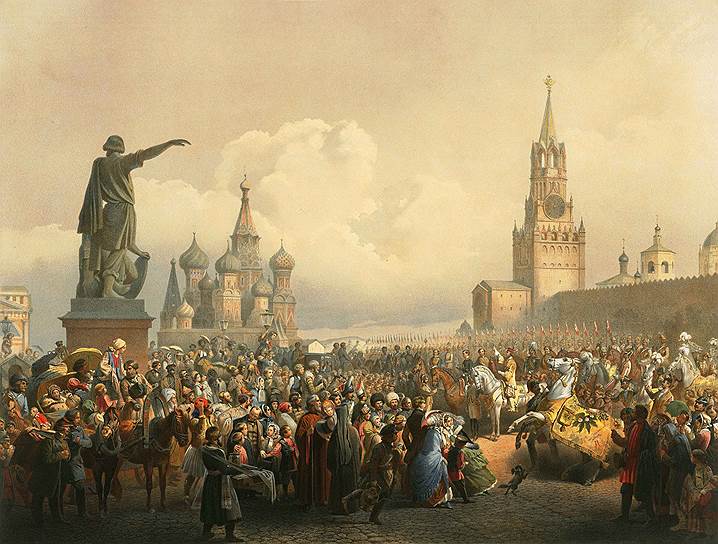 Коронация Александра II в 1856-м. В 1931-м памятник Минину и Пожарскому сочли помехой для парадов и передвинули ближе к храму