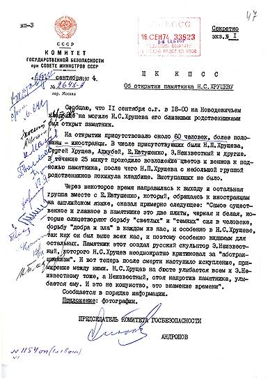 Отчет Андропова об открытии памятника Хрущеву с элементами доноса на поэта Евгения Евтушенко 