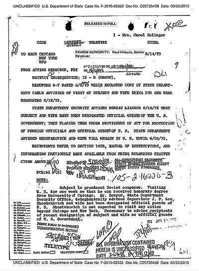 Из досье ФБР. Меморандум Госдепа от 11 июня 1973 года: Шостакович с женой будут находиться в США по межправительственному соглашению  
