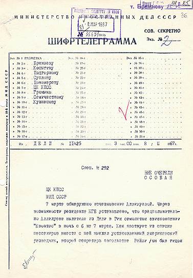 Шифрограмма об исчезновении дочери Сталина 
