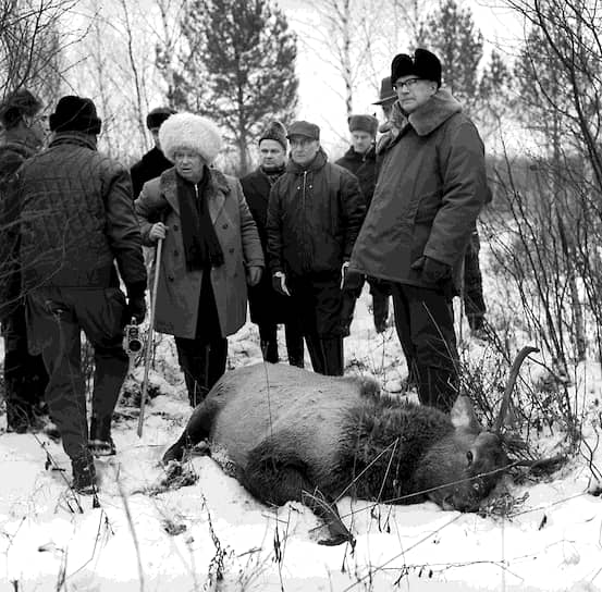 Московская область. 20 декабря 1963 год. Первый секретарь ЦК КПСС, председатель Совета министров СССР Никита Хрущев (в центре) и президент Финляндии Урхо Кекконен (справа) на охоте в Завидово