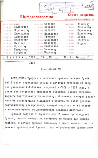Отчет посла Виноградова о передаче вдове денег за публикацию Бунина в СССР