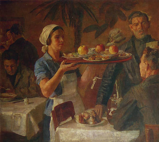 Художники фиксировали самые разные аспекты жизни уралмашевцев. 
Борис Иогансон. «В заводской столовой». 1935 год
