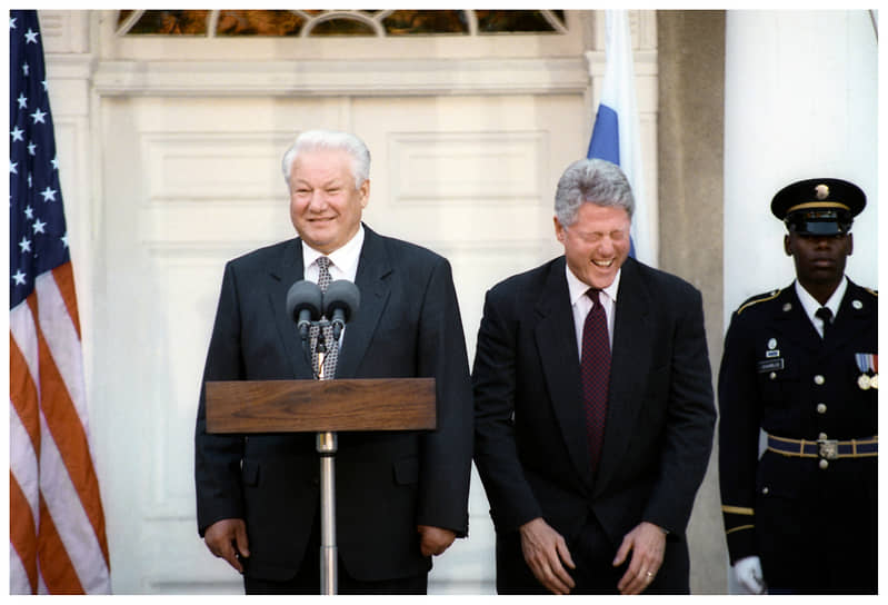 Президент США Билл Клинтон и Президент РФ Борис Ельцин во время пресс-конференции. Фото ТАСС