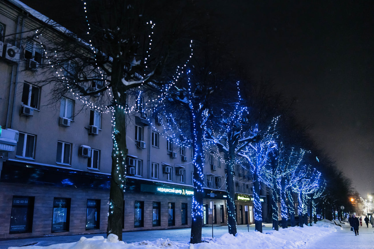 Перед Новым годом деревья на улицах города украшают гирляндами