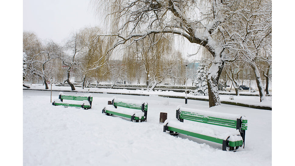 Городской сад. Снежный покров на лавочках на берегу пруда. Январь 2011 года