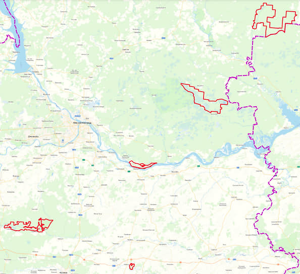 Карта национального парка «Нижегородское Поволжье». Красной линией обозначены границы парка, фиолетовой — границы области.