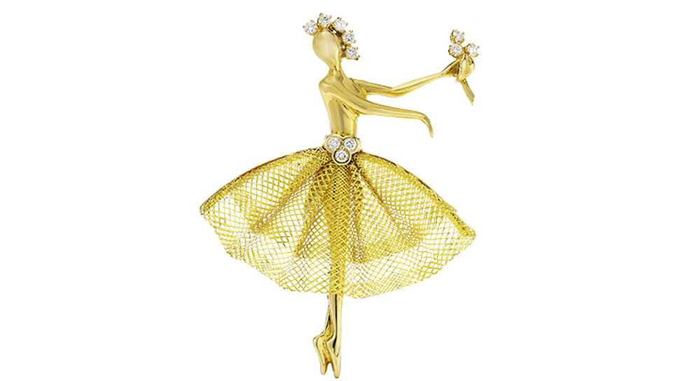 Балерина в пачке из золотого плетеного тюля, золото, бриллианты, 1993 год