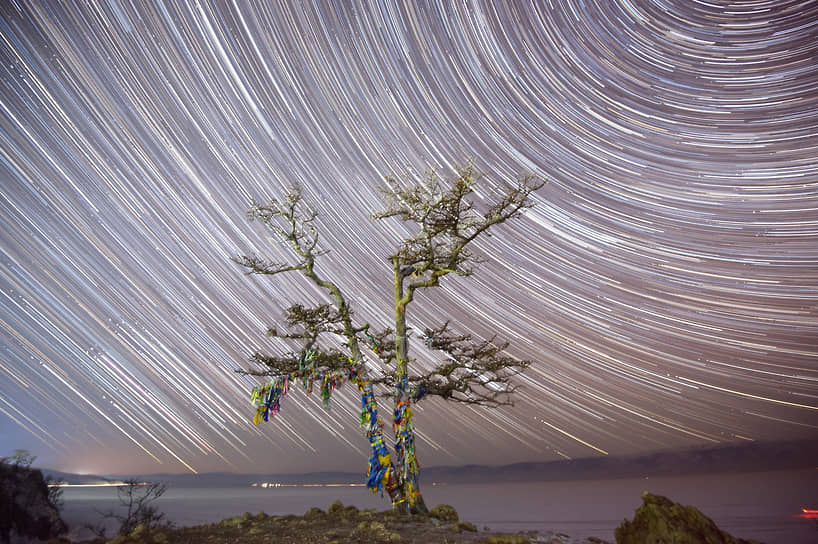 Звездное небо, снятое на длительной выдержке, и дерево с обрядовыми священными ленточками на скале Шаманка острова Ольхон