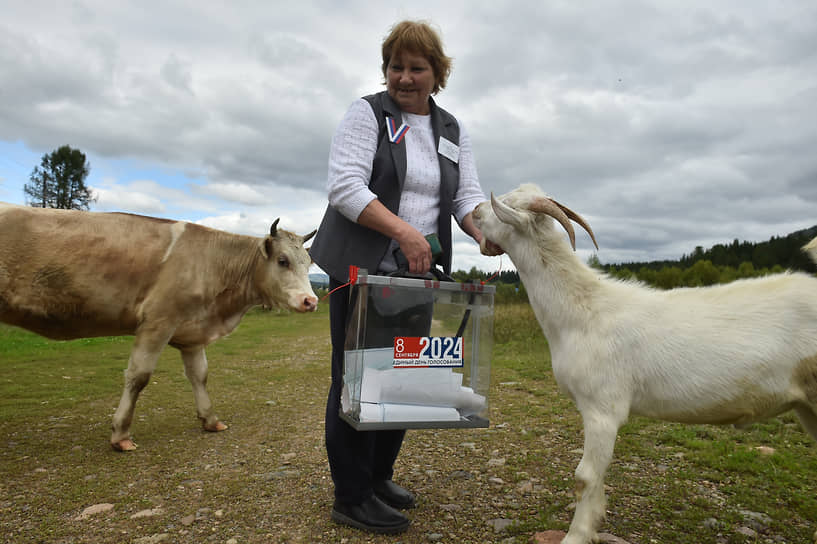 Члены избирательной комиссии во время выездного голосования в селе Чоя в Республике Алтай