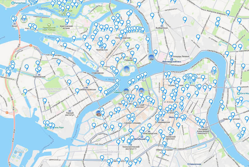 Карта с расположением точек бесплатного общественного Wi-Fi в центральных районах Санкт-Петербурга
