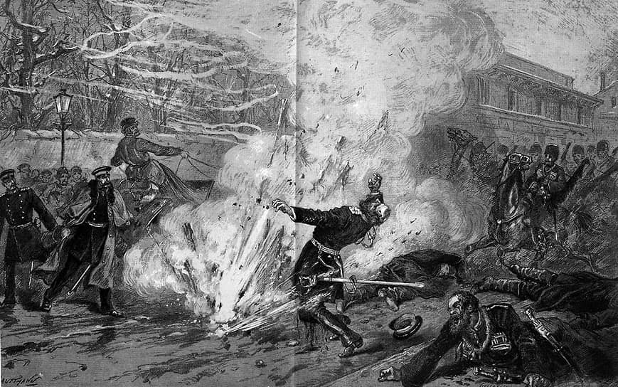 1881 год. Покушение на императора Александра II. Момент взрыва второй бомбы, рисунок Кауфмана из парижского еженедельника Le Monde Illustre