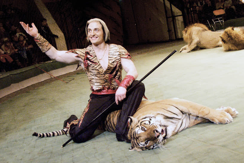 Аскольд Запашный во время представления с тиграми в воронежском цирке. Декабрь 2003 года