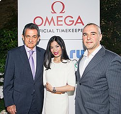 Omega Russian Night в Лондоне: президент часовой марки Стивен Уркхарт, посол Omega Ванесса Мэй и заместитель председателя Оргкомитета сочинских Игр Игорь Столяров