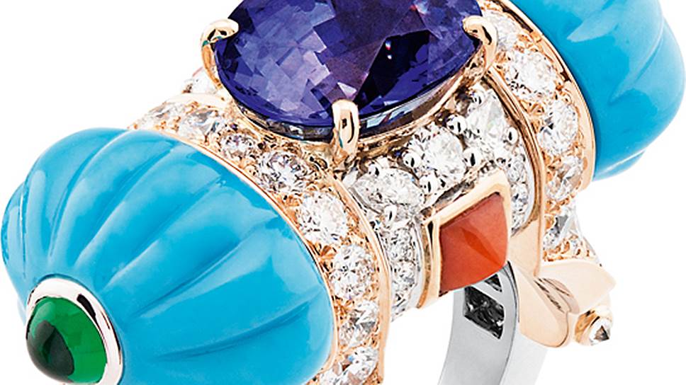 Кольцо Cadeau d&#39;Orient, золото, бриллианты, бирюза, коралл, изумруды, сапфиры 
