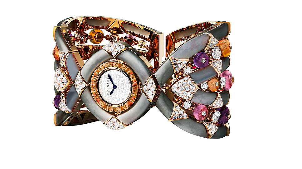 Часы Gemma, представленные на Биеннале антикваров: золотой корпус, 559 бриллиантов, 30 турмалинов, 77 рубеллитовых бусин, аметисты, жемчуг