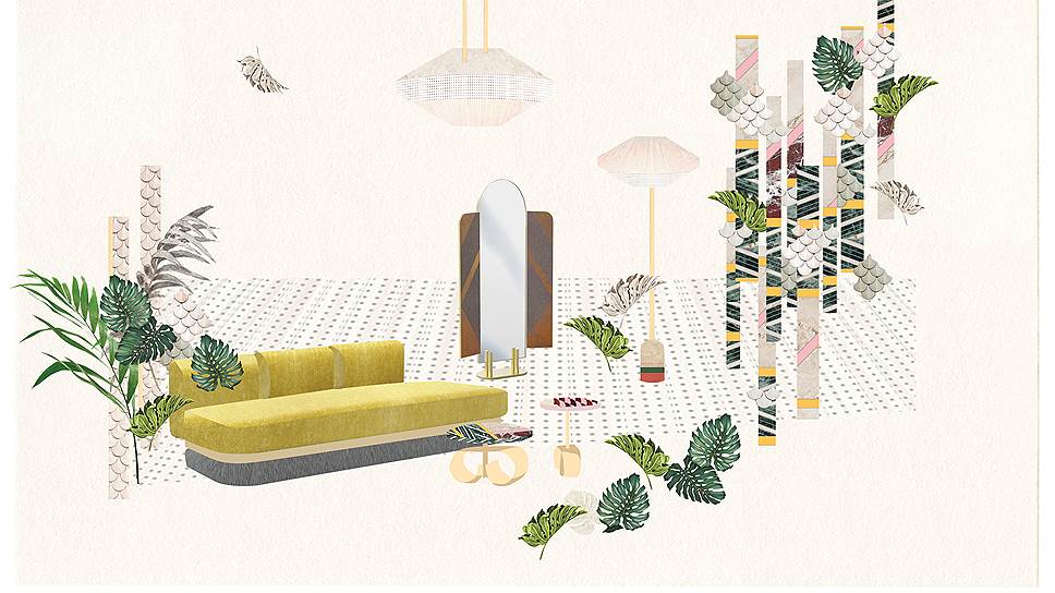 Эскиз стенда The Happy Room. В центре -- диван, обитый бархатом от Rubelli с каймой из меха лисы