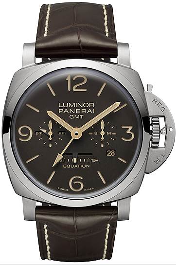 Panerai Luminor 1950 Equation Of Time 8 days GMT Titanio 47mm. Механизм P.2002/E с ручным подзаводом в 47-миллиметровом корпусе из матового титана. Указатели даты, месяца, второго часового пояса, запаса хода на 192 часа, 24-часовой индикатор, а также функция &quot;уравнения времени&quot;. Водонепроницаемость 100 метров