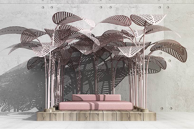 Лежанка с навесом из стилизованных пальмовых листьев, проект Le Refuge дизайнера Марка Энжа на Миланской неделе дизайна совместно с The Invisible collection и Green Gallery