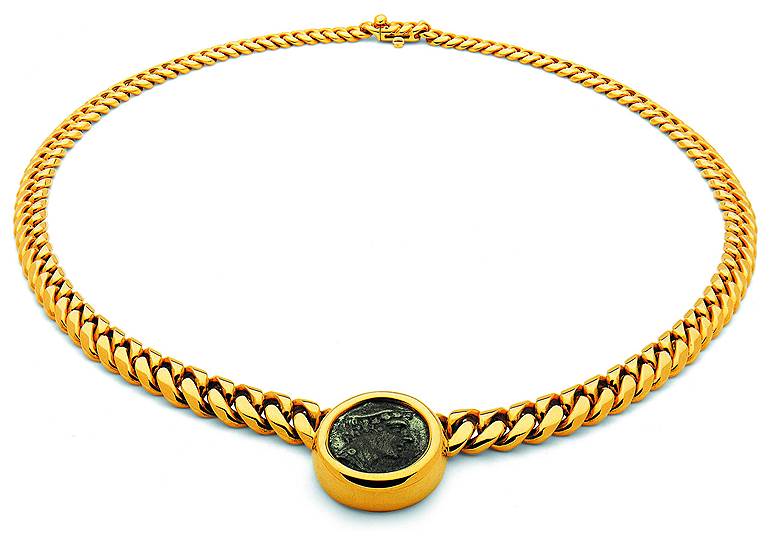 Колье Monete, желтое золото, античная бронзовая монета 