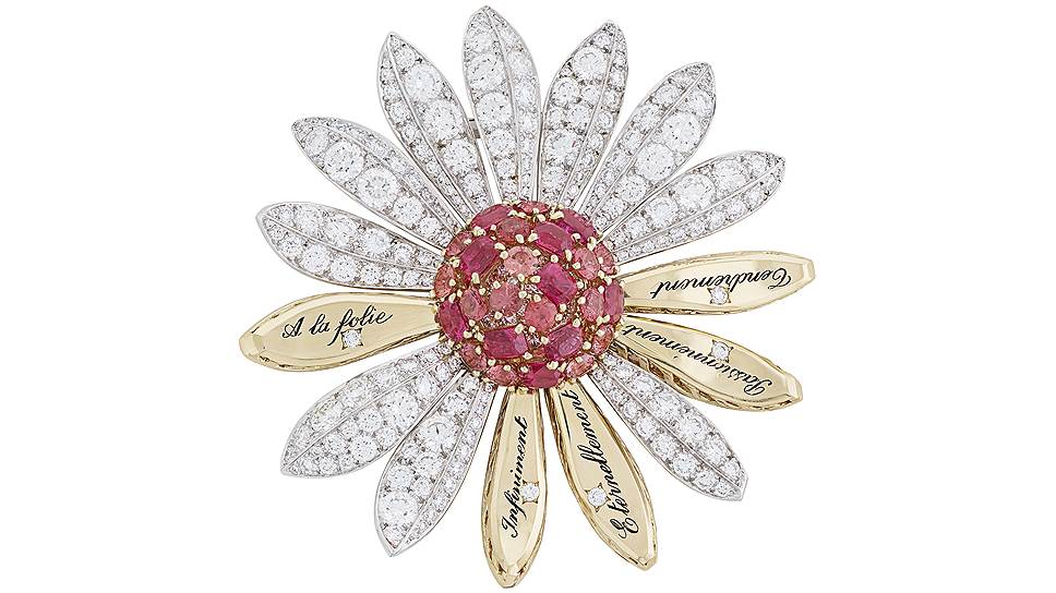 Брошь Marguerite d&#39;Amour, желтое и белое золото, оранжевая и розовая шпинель, бриллианты 

