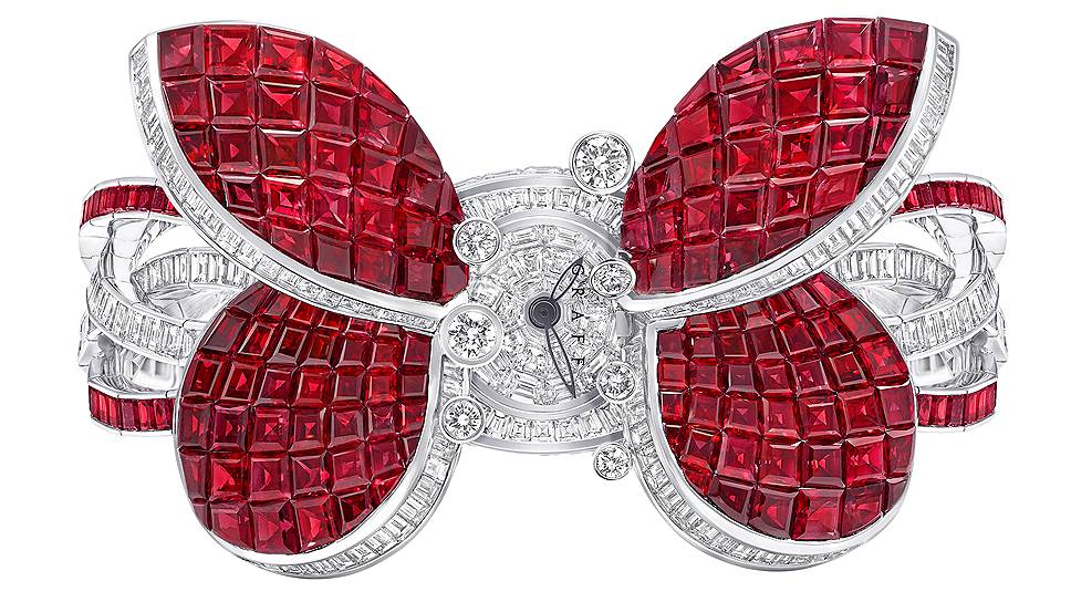Graff, часы Princess Butterfly, кварцевый механизм, белое золото, рубины, бриллианты