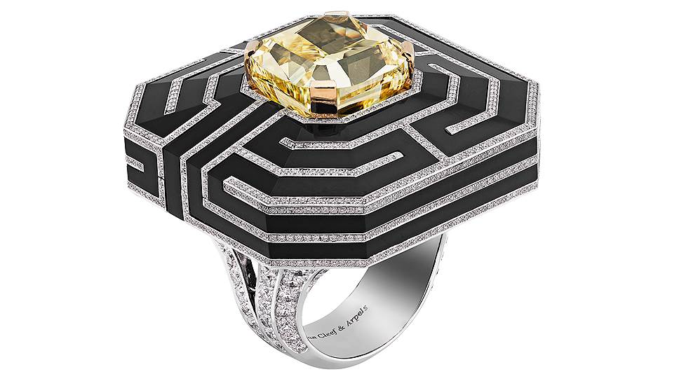 Кольцо Labyrinthe, белое и желтое золото, оникс, желтый бриллиант (13,01 карата), бриллианты 
